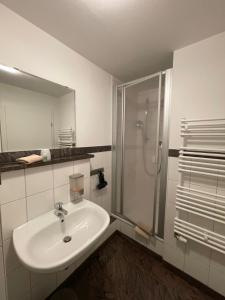 un bagno bianco con lavandino e doccia di Waldgasthaus Balsamine a Weimar