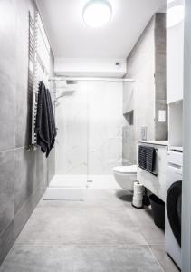 W łazience znajduje się przeszklony prysznic i toaleta. w obiekcie Grand Lux apartment Grodzienska Near to theOldTown w Warszawie