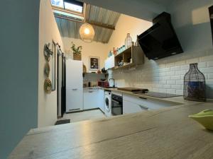 una cucina con frigorifero e piano di lavoro di LOFT BULOT MAYO’S à 200 Mètres de la plage . a Wimereux