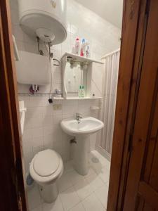 a small bathroom with a toilet and a sink at Casetta Rivisondoli con Garage gratuito in Rivisondoli