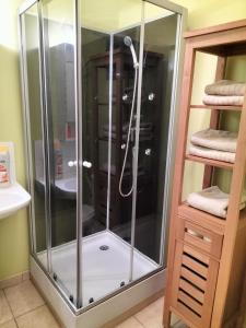La salle de bains est pourvue d'une douche et d'une cabine de verre. dans l'établissement Studio avec un jardin privatif sans vis-à-vis, à Berck-sur-Mer