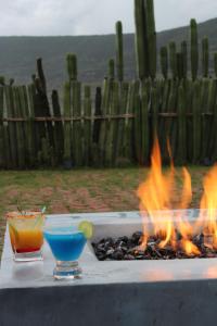 a fire pit with two cocktails and a drink at Casa Regina Oaxaca in San Pablo Villa de Mitla
