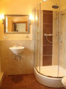 a bathroom with a glass shower and a sink at Landgasthof Rieben in Beelitz