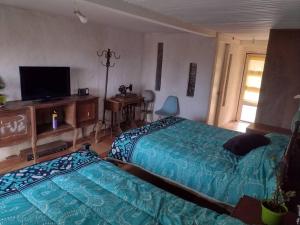 a bedroom with two beds and a tv and a desk at La casa de Barro Primer piso in Pichidangui