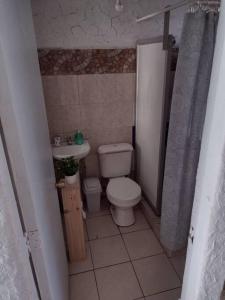 a small bathroom with a toilet and a sink at La casa de Barro Primer piso in Pichidangui