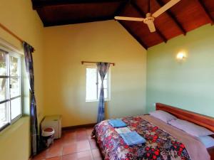 um quarto com uma cama e uma ventoinha de tecto em Afro Beach Eco Resort Butre em Butre