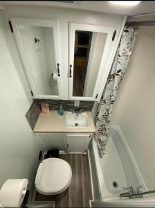 a bathroom with a toilet and a sink and a tub at Wildwood Camper De Sleeps 6-7, in Dover