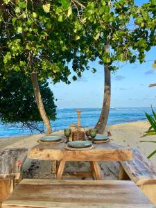 a picnic table on the beach with a view of the ocean at Samura Panorama Guest House in Thulusdhoo