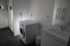 - un lave-linge dans une salle de bains à côté d'un lavabo dans l'établissement Le Sarcoui - Appartement tout confort proche de la Gare, à Clermont-Ferrand