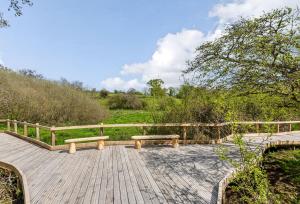 a wooden boardwalk with two benches on it at Ladymeade in Dorchester