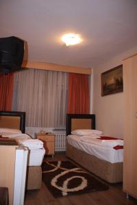 イスタンブールにあるホテル アイのベッド2台と窓が備わるホテルルームです。