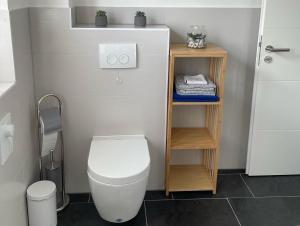 a bathroom with a white toilet and a wooden shelf at Ferienhaus Rupnow Plau am See in Plau am See