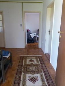 een woonkamer met een tapijt op een houten vloer bij Kuća sa apartmanom in Sarajevo
