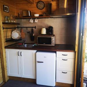a kitchen with a white refrigerator and a microwave at Lagoon Tiny House in Arcos de Valdevez
