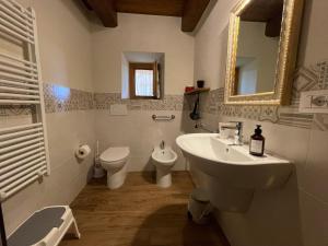 a bathroom with a sink and a toilet and a mirror at Agriturismo Le Castellare in Montemonaco