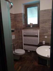 ein Bad mit einem WC, einem Waschbecken und einem Fenster in der Unterkunft Chalupa Maršíkov 120 in Velké Losiny