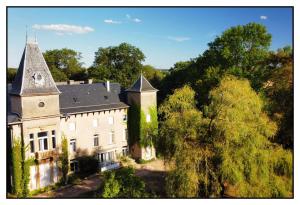 une vue aérienne sur une maison avec une tourelle dans l'établissement Château de Logne, à Ay-sur-Moselle