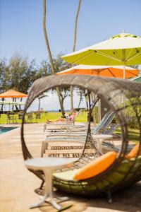 Kauai Shores Hotel في كابا: أرجوحة مع الكراسي والمظلات في المنتجع