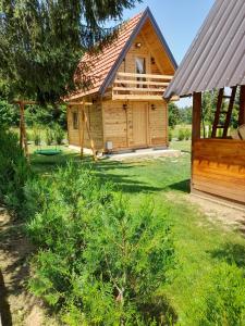 a log cabin with a yard and a house at Tisina Tare in Bajina Bašta