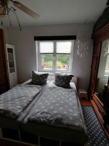 a bedroom with two beds and a window at Schöne Wohnung mit abgeschlossenem Grundstück zentral und ruhig in Greifswald