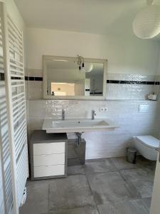 bagno con lavandino, specchio e servizi igienici di Hofberg Villa a Landshut
