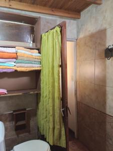 a bathroom with a toilet and a green shower curtain at Casa Confortable in Mar del Plata