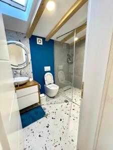 a bathroom with a toilet and a sink and a shower at Blue Moon Guesthouse in Kamenicë +10 photos