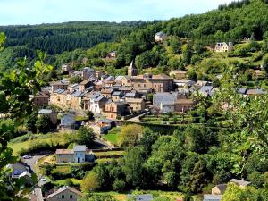 una pequeña ciudad en una colina con casas y árboles en Appartement au calme au cœur du village, en Saint-Beauzély