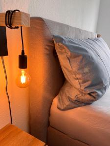 ein Kissen auf einer Couch neben einer Lampe in der Unterkunft Casa qui Roetgen in Roetgen