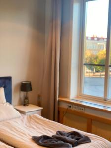 1 dormitorio con 1 cama con ventana y albornoz en Mellanbrons B&B, en Åmål
