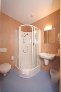 a bathroom with a shower and a toilet and a sink at Tour-Motel in Wilfersdorf