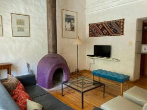 a living room with a couch and a fireplace at Chilcagua in Purmamarca