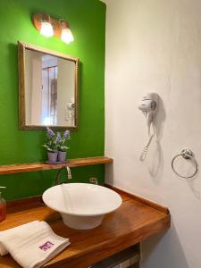 a green bathroom with a sink and a mirror at Chilcagua in Purmamarca