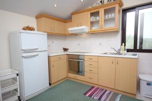 eine Küche mit Holzschränken und einem weißen Kühlschrank in der Unterkunft Apartments by the sea Cove Mala Lamjana, Ugljan - 347 in Kali