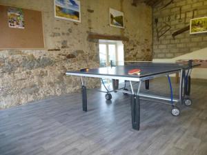 - une table de ping-pong dans une salle avec un ballon de ping-pong dans l'établissement Gîte rustique avec salle de jeux et animaux en campagne - FR-1-426-336, à Saint-Julien-des-Landes
