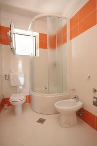 ein Bad mit einer Dusche, einem WC und einem Waschbecken in der Unterkunft Seaside apartments with a swimming pool Ugljan - 829 in Ugljan