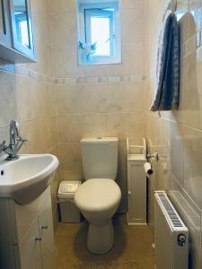Un baño con inodoro, lavabo y ventana. en Hameway House- Stunning 4 bedroom house with a spacious kitchen, en Londres 25 fotos más