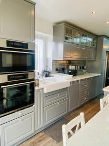 uma cozinha com electrodomésticos de aço inoxidável e armários cinzentos em Hameway House- Stunning 4 bedroom house with a spacious kitchen em Londres