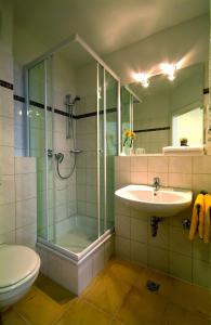 a bathroom with a shower and a sink and a toilet at Traveller Hotel in Lübeck