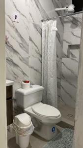 La salle de bains blanche est pourvue d'une douche et de toilettes. dans l'établissement Flavio Reyes, à Manta