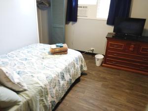 a bedroom with a bed and a dresser and a television at Rainbow Ohana in Hilo