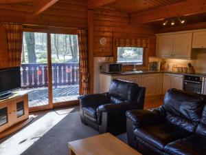 a living room with two leather couches in a cabin at Ludensian Lodge - Uk37186 in Legbourne