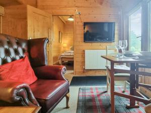 a living room with a leather couch and a television at Cherry Orchard Lodge in West Quantoxhead
