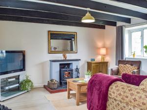 a living room with a couch and a fireplace at Furzy Cottage in Haverfordwest