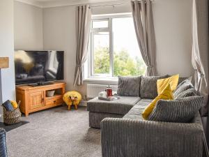 a living room with a couch and a tv at Bryn Derwen in Llanfair