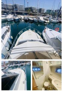 een collage van drie foto's van boten in een jachthaven bij Voyager in Barcelona