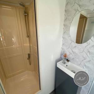 ein Badezimmer mit Dusche, Waschbecken und Spiegel in der Unterkunft Meadow Lakes 22 - Golden Palm, pet friendly, WiFi, bed linen - Meadow Lakes Caravan & Lodge Hire in Skegness + 5 Fotos