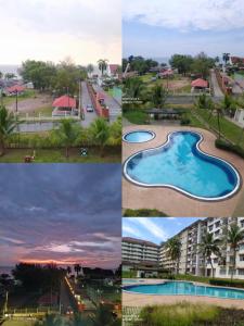 a collage of photos of a resort with a pool at PD Laguna Homestay Blue & Purple in Port Dickson