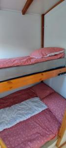 Yyyezu的住宿－Parvmaja Scarlett，配有两张双层床的宿舍间配有粉红色床单