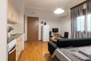 a kitchen and living room with a couch and a refrigerator at Alice House 2 in Amarynthos
